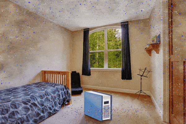 Animated visualization showing how air purifiers continuously remove airborne particles from indoor spaces.
“Air cleaner removing particles in a small room” by the EPA is part of the public domain.